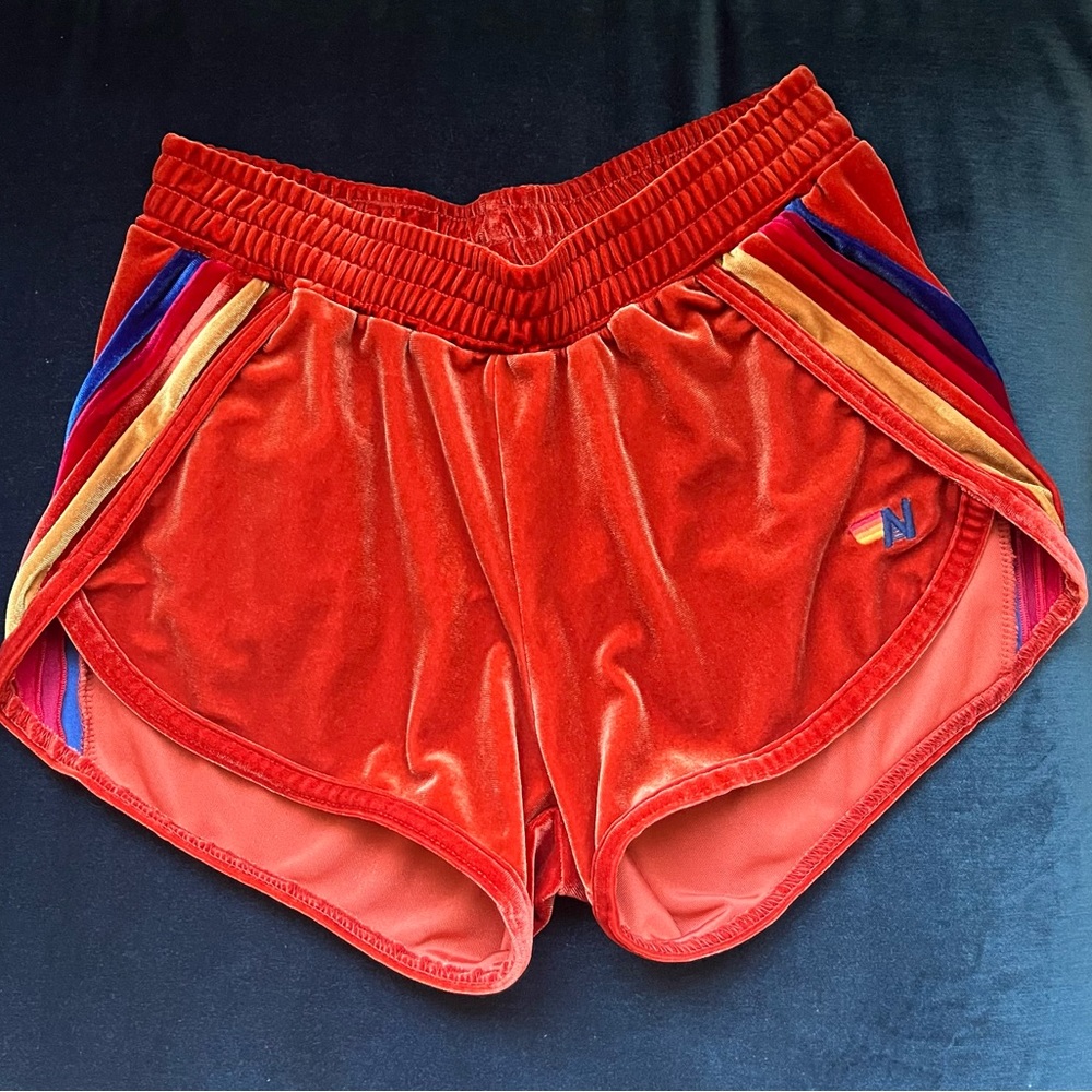 Aviator Nation Red Burnt Orange Velour Velvet 5 stripe shorts rainbow Sz Small